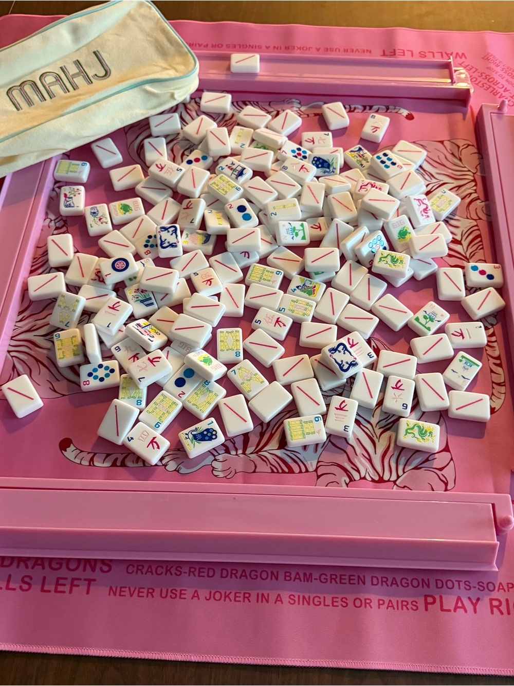 Pink Mahjong Tile Set with Pink Tiger Mat and Pink Racks